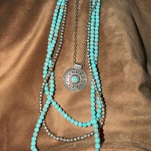 Turquoise and Silver 4 layer Beaded Necklace
